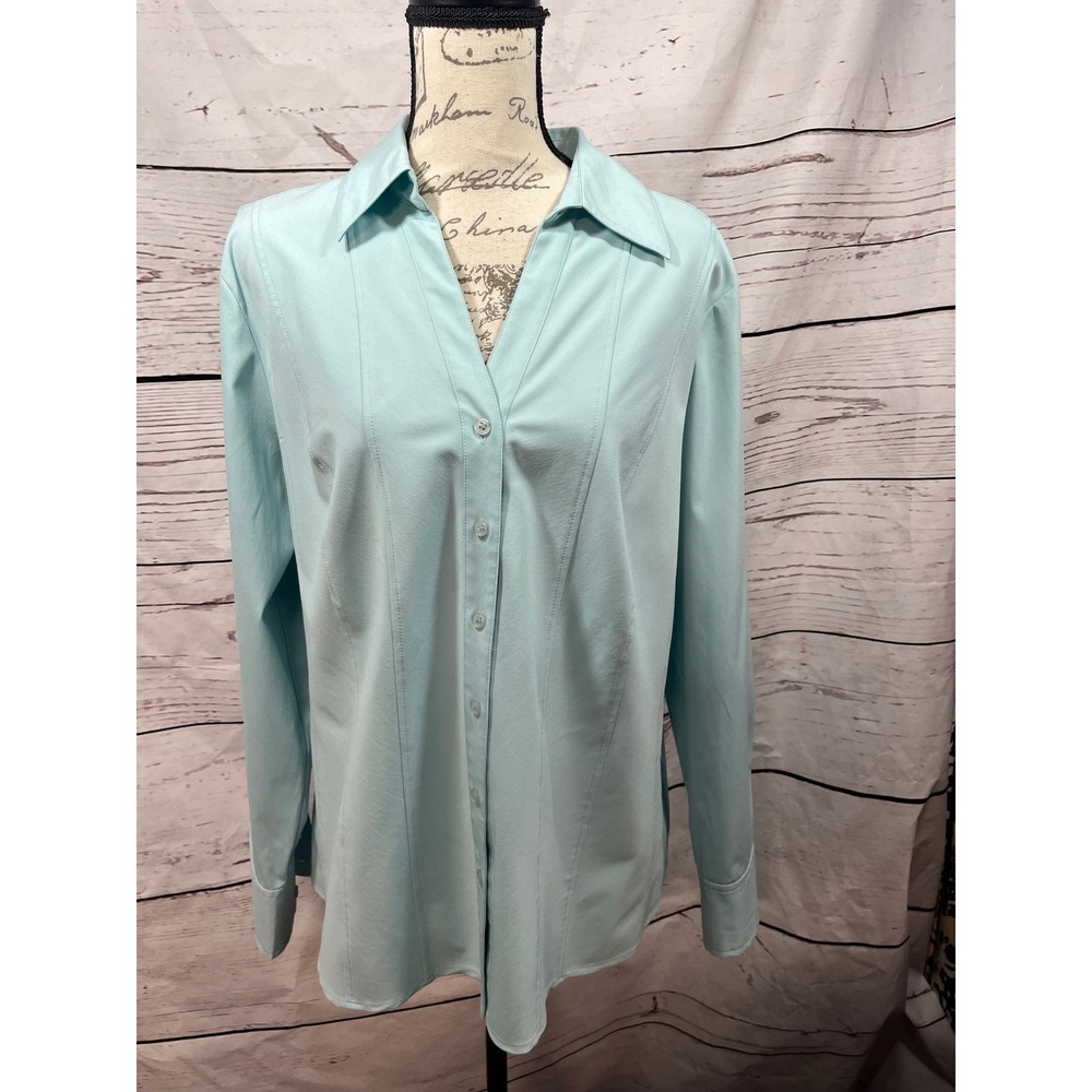 Style & Co Woman Aqua Blue Stretch Button Up Shirt Top Plus Size 14W Long Sleeve